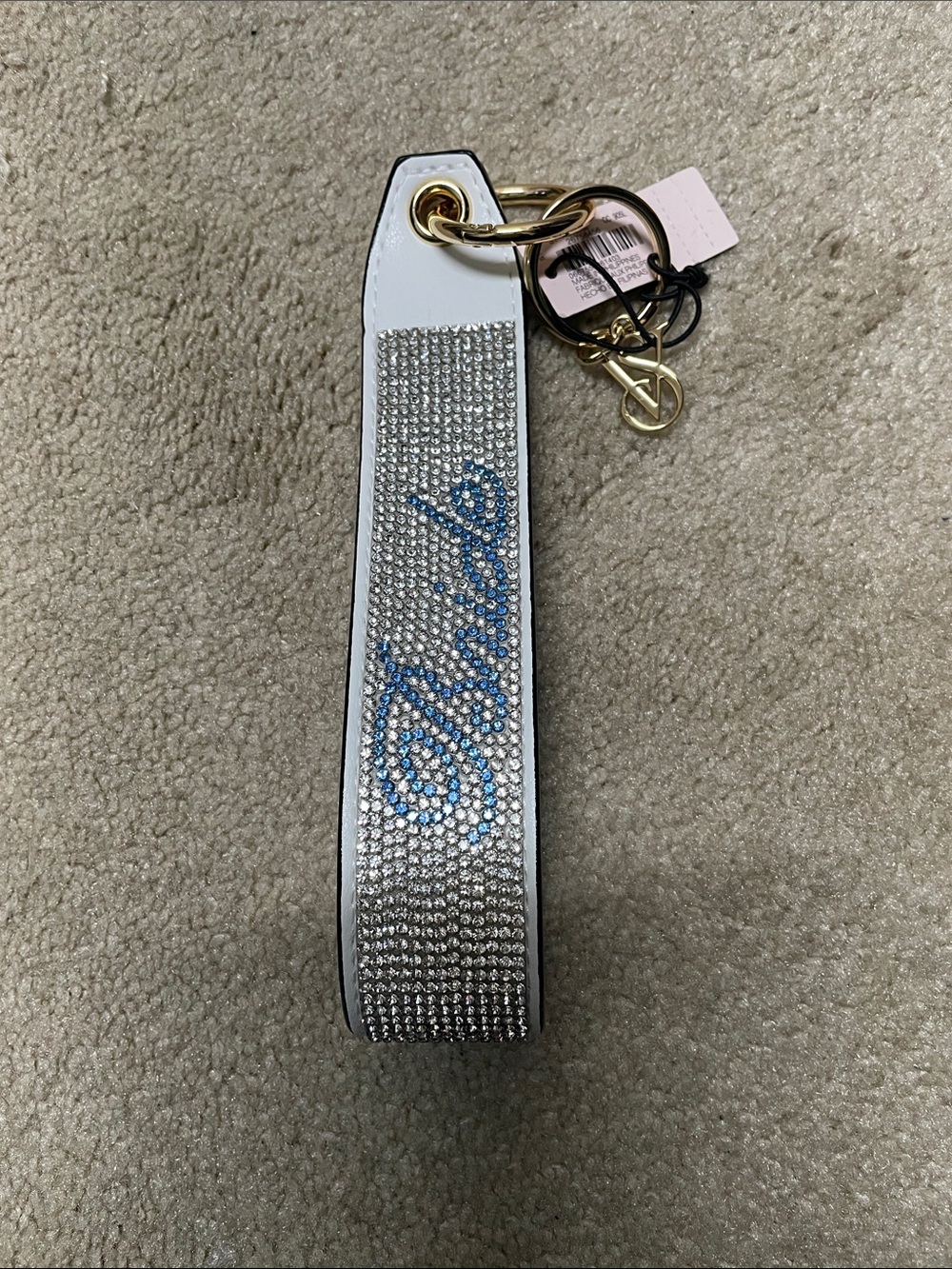 Victoria's Secret White Rhinestone Key & Card Wristlet with Blue Script